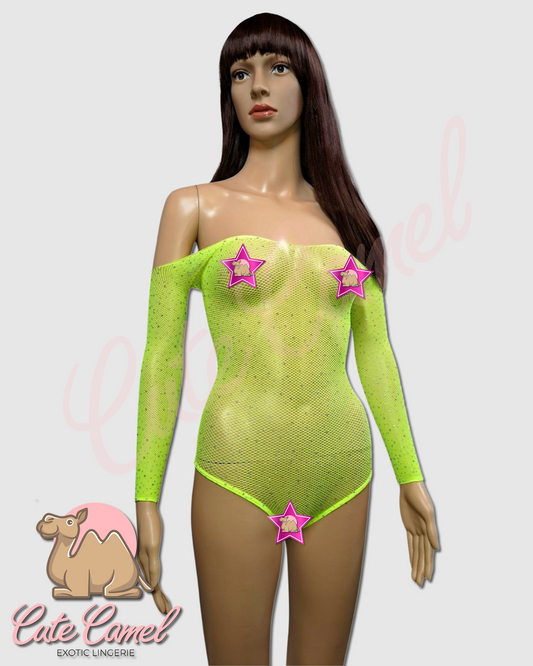 CC Exotic Glitter Mesh Bodysuit ~ Neon Yellow