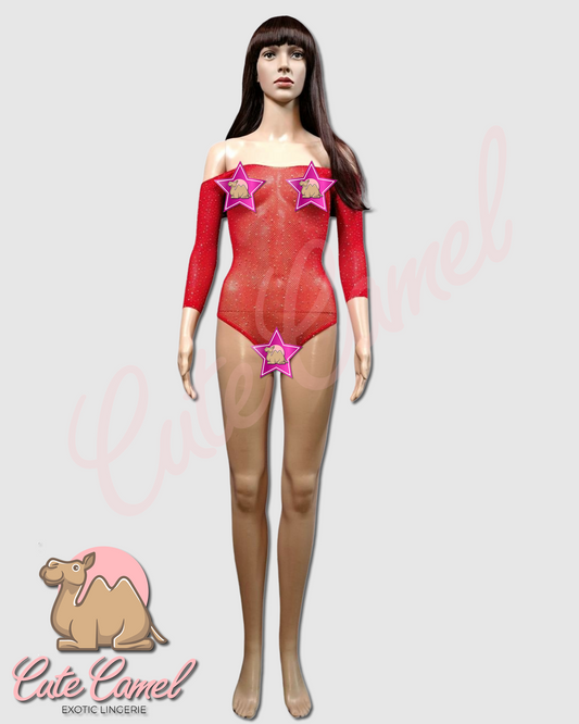 CC Exotic Glitter Mesh Bodysuit ~ Red